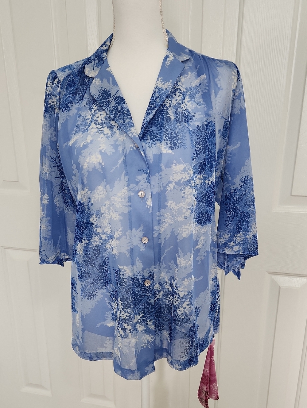 Vintage Teddi Of California Button Down Blouse Blue Floral Large Cottagecore
